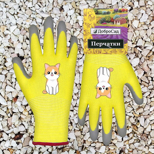 Перчатки нейлоновые детские Little gardener-Котик с полиуретановым покрытием полуоблитые, желтые M р-р ДоброСад_5