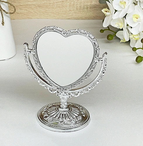 Зеркало настольное в пластиковой оправе "Версаль - Сердце", цвет серебро, двухстороннее,17см