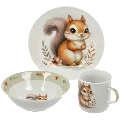 Набор посуды керамика, 3 шт, Белочка, тарелка 17.5 см, салатник 15 см/350 мл, кружка 230 мл, Daniks
