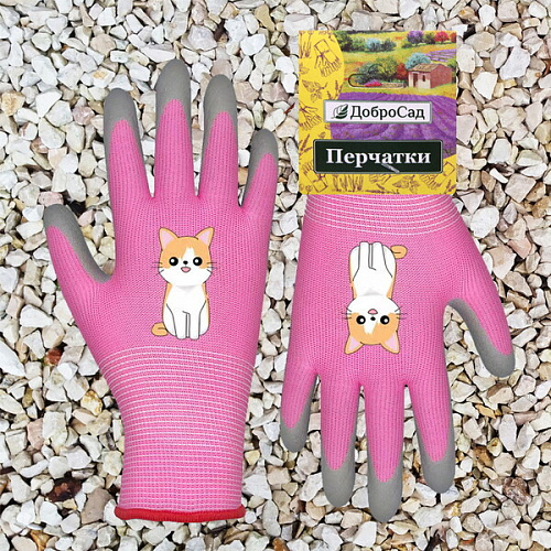 Перчатки нейлоновые детские Little gardener-Котик с полиуретановым покрытием полуоблитые, розовые M р-р ДоброСад_5