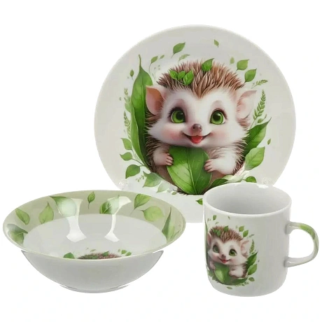 Набор посуды керамика, 3 шт, Ёжик, тарелка 17.5 см, салатник 15 см/350 мл, кружка 230 мл, Daniks
