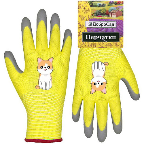 Перчатки нейлоновые детские "Little gardener-Котик" с полиуретановым покрытием полуоблитые, желтые M р-р ДоброСад