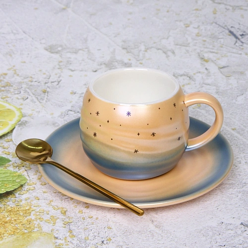 Чайная пара Маленький космос (кружка 240мл, блюдце, ложка) оранжевый_3