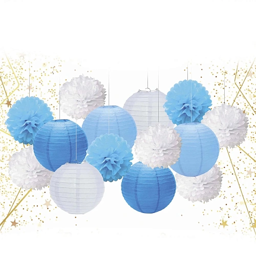 Набор помпонов и фонариков "Весёлый праздник" (14 предметов), Голубой/Белый