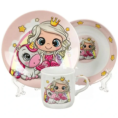 Набор посуды керамика, 3 шт, Принцесса и единорог, тарелка 17.5/18 см, салатник 15 см, кружка 230 мл, Daniks