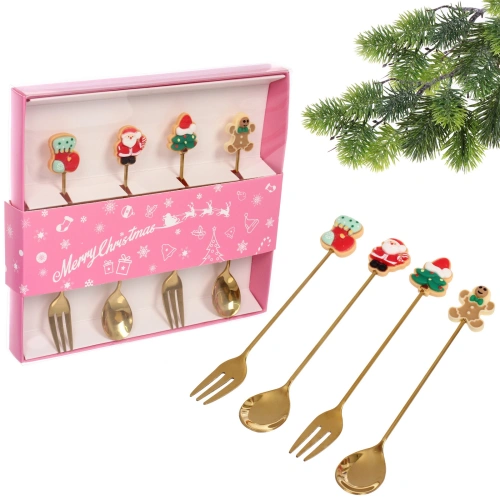 Набор для десерта "Символы праздника" 4предмета (2ложки+2вилки) в подарочной коробке,цвет золото