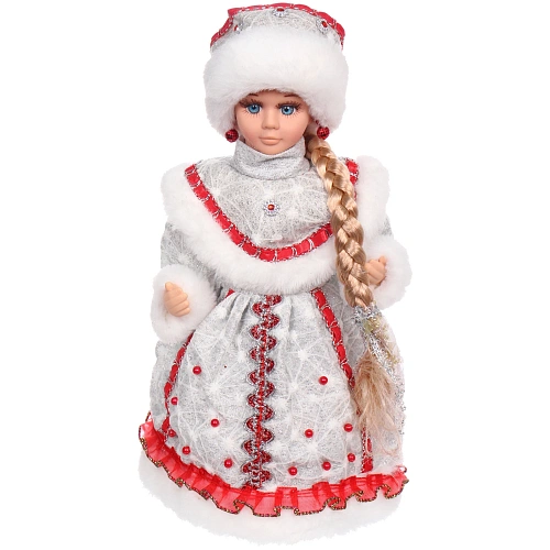 Снегурочка музыкальная Красный бархат 30 см (серебряная шубка)_3